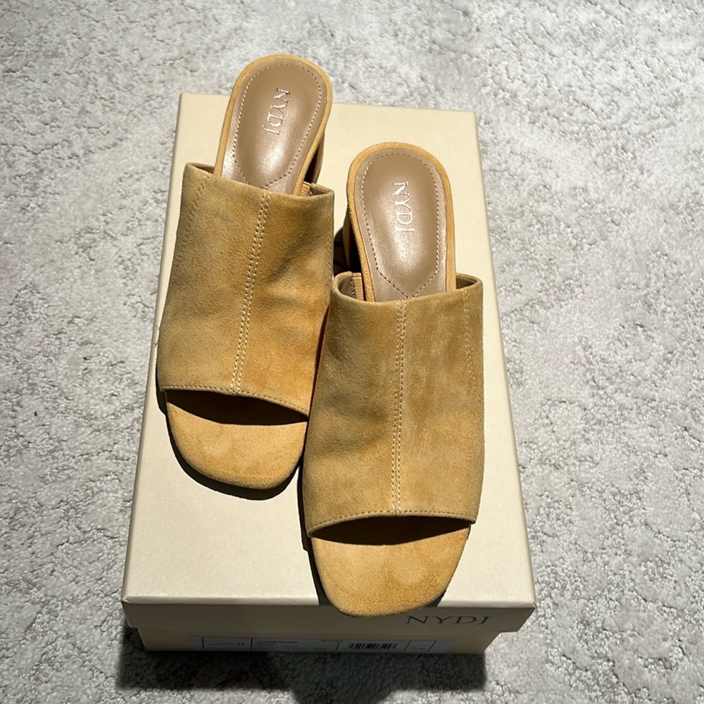 Mustard yellow suede open toe slides. Never worn.
